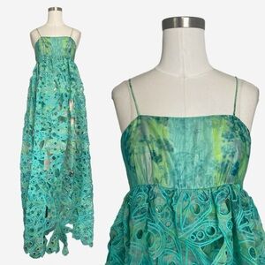Susan Fang Broderie anglaise maxi dress teal cutout floral mermaid siren fairy M